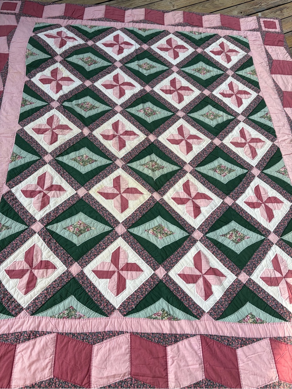 Handmade Pink and Green Patchwork Quilt - Floral Pinwheel Design VINTAGE stains